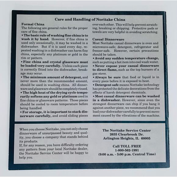 Noritake Catalog Flyer China Patterns Glassware Booklet 1990's Care And Handling - Picture 2 of 5